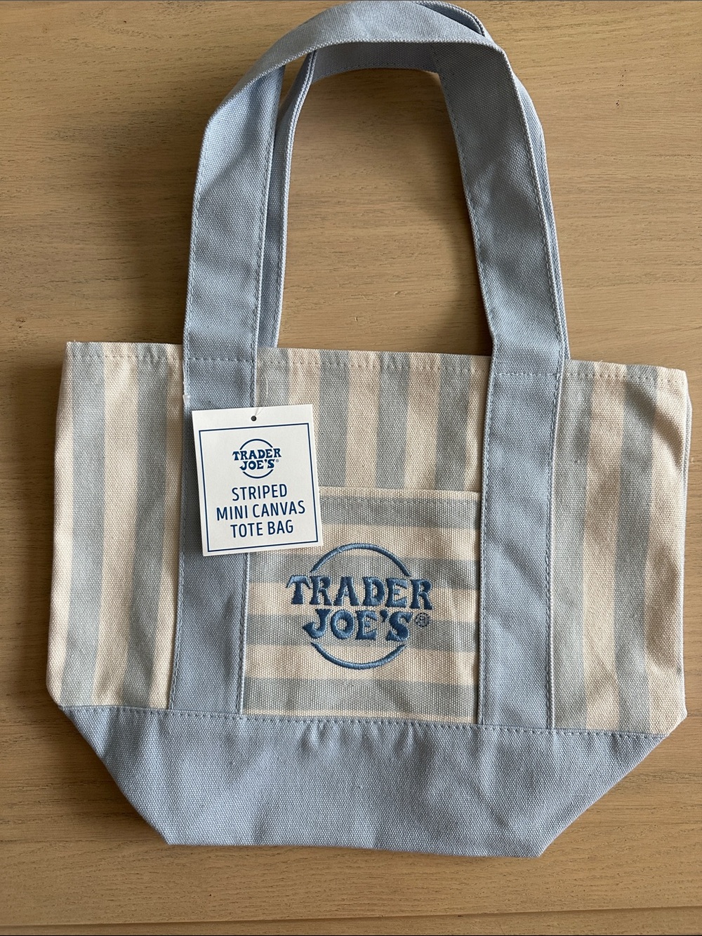 Trader Joe's Striped Mini Canvas Tote Bag in Light Blue & Cream - NWT
